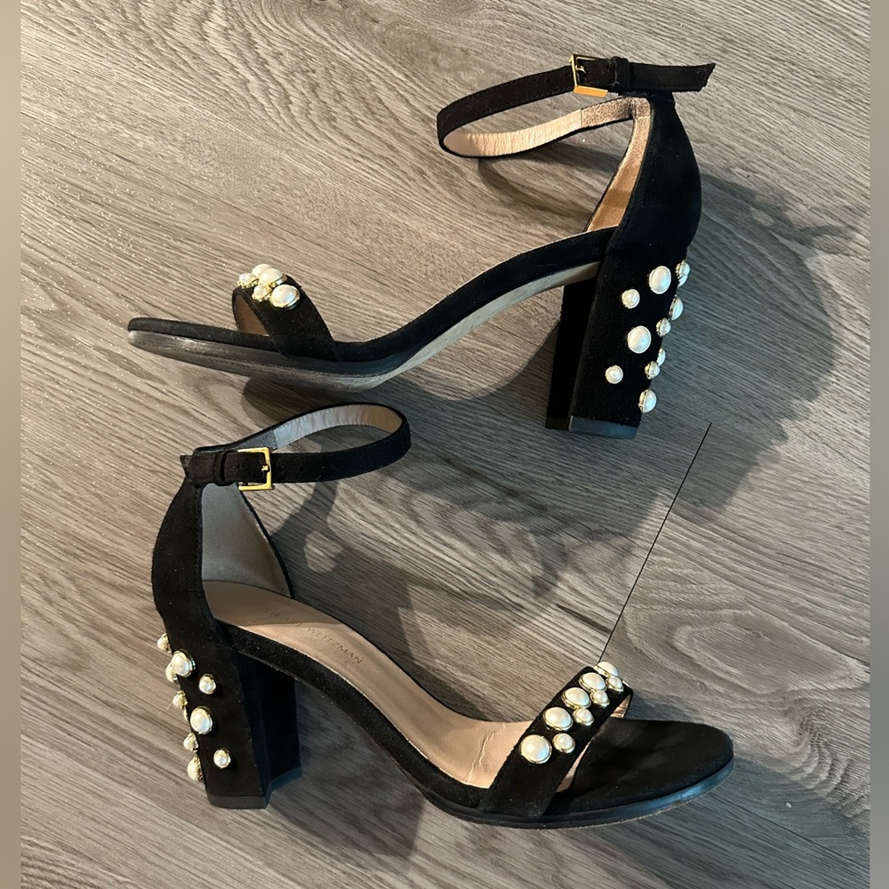 Stuart Weitzman nearlynude nudist more pearls chunky heel black suede 7 - Picture 4 of 12
